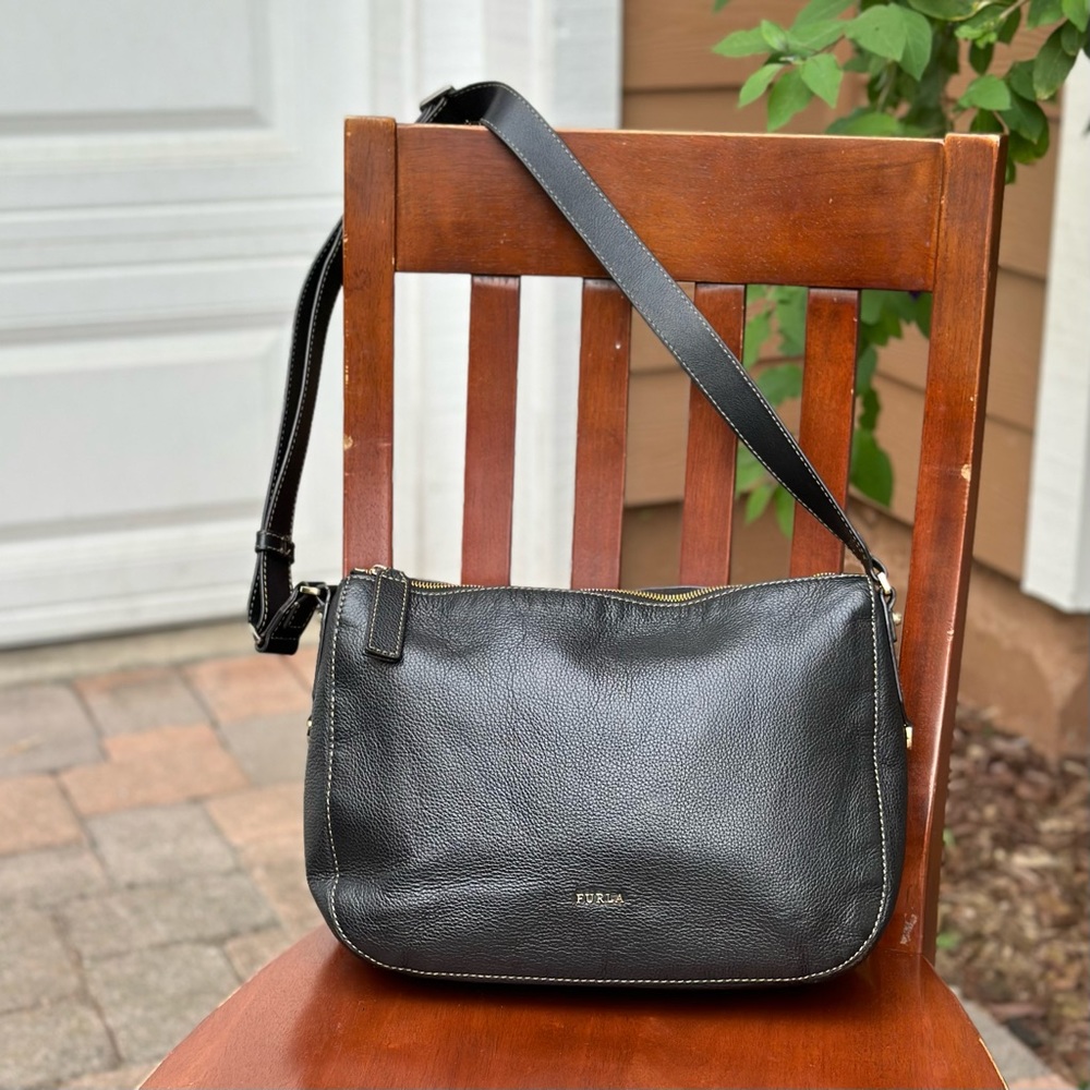 FURLA Genuine Leather Large Hobo Style Bag - Black